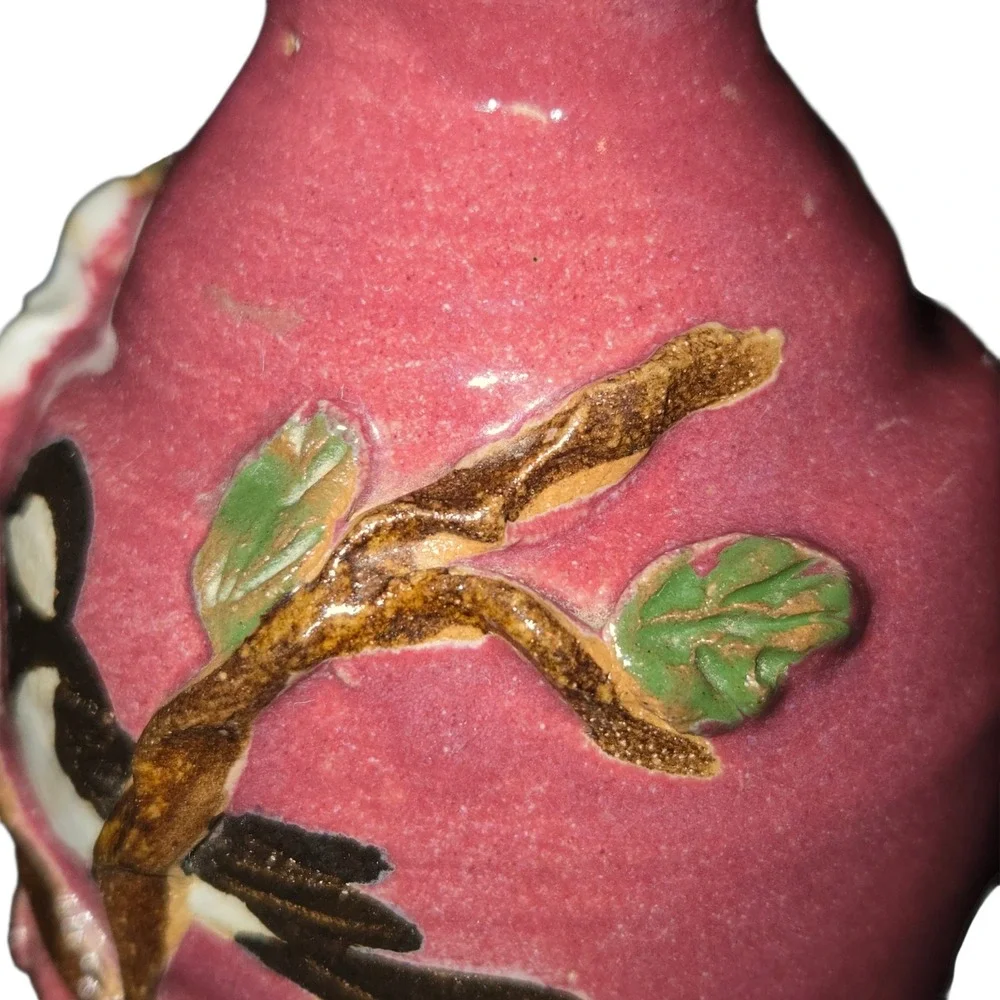 Judy Jones Pottery VTG Dogwood & Chickadee Bud Vase Signed Small‎ Pink 2002 EUC!